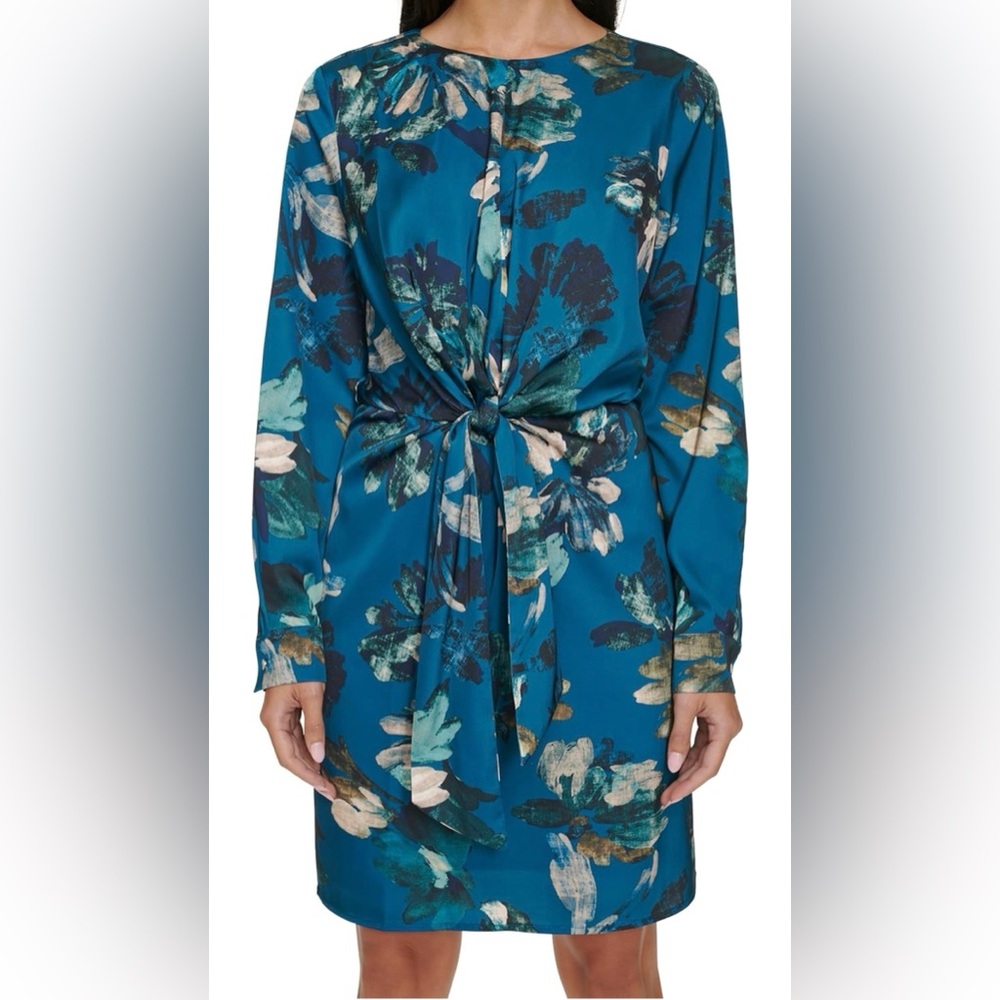 Calvin Klein Collection Teal Floral Tie-Front Dress